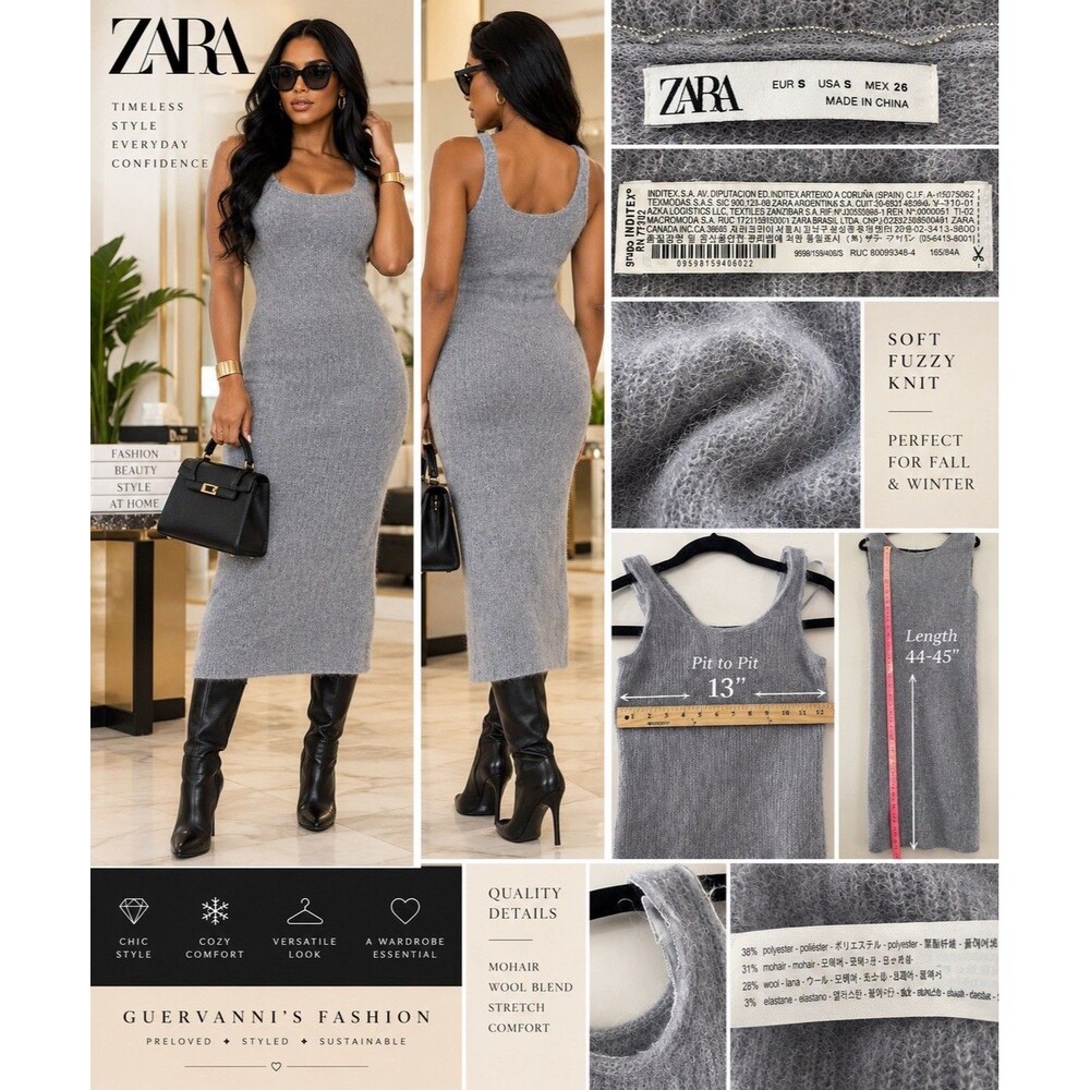 Zara Womens Grey Wool Blend S Midi Dress Fuzzy Knit Sleeveless Mohair Y2K NWOT